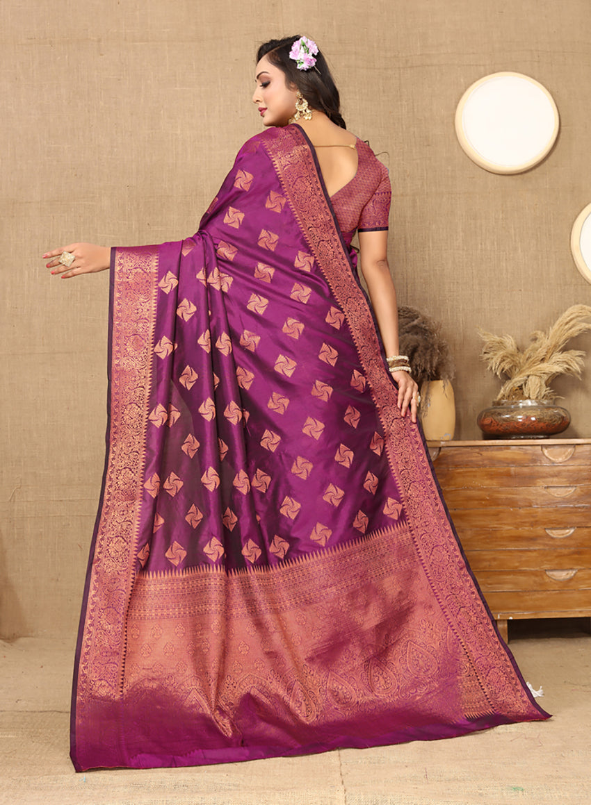 Lorenvalley Fashion Purple Soft Katan Silk Woven Design Copper Zari Weaving Saree | Grocsy