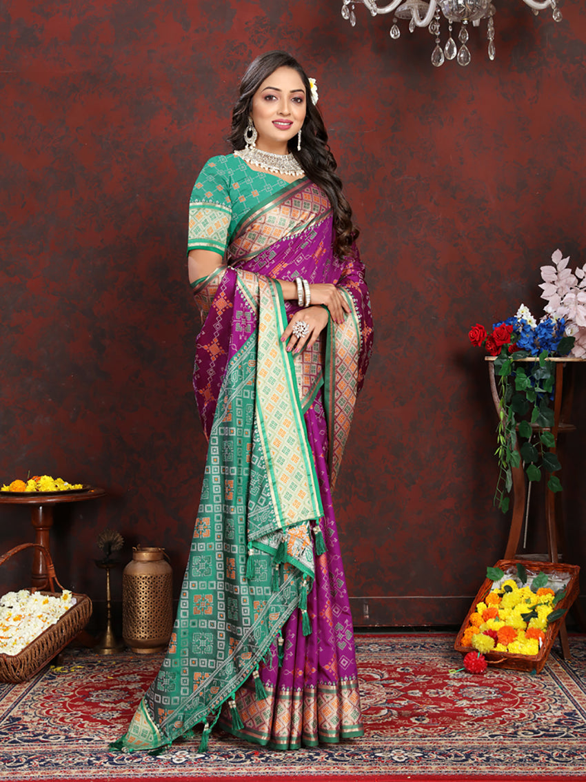 Lorenvalley Fashion Purple Patola Silk Woven Design with Zari Meenakari Weaving motifs Pallu Saree | Grocsy