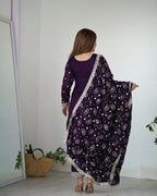 Lorenvalley Purple Rangoli Silk Embroidery Sequence and Jari Work Kurta Trousers with Dupatta Set | Grocsy