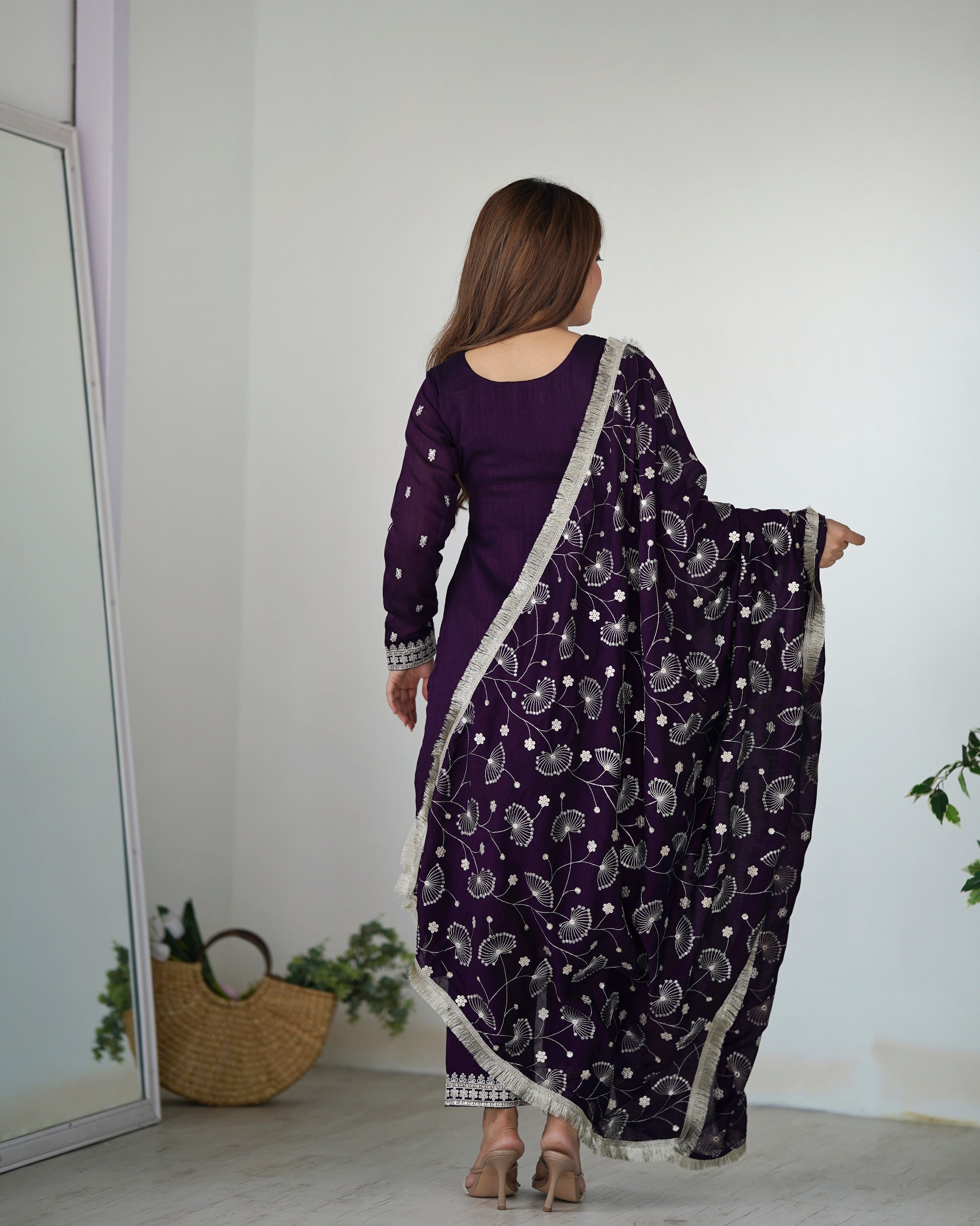 Lorenvalley Purple Rangoli Silk Embroidery Sequence and Jari Work Kurta Trousers with Dupatta Set | Grocsy