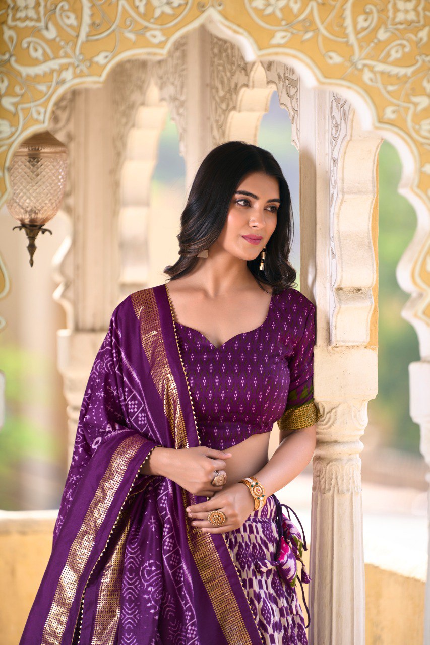 Lorenvalley Purple Tussar Silk Ikkat Print With Foil Work Lehenga Choli with Dupatta | Grocsy