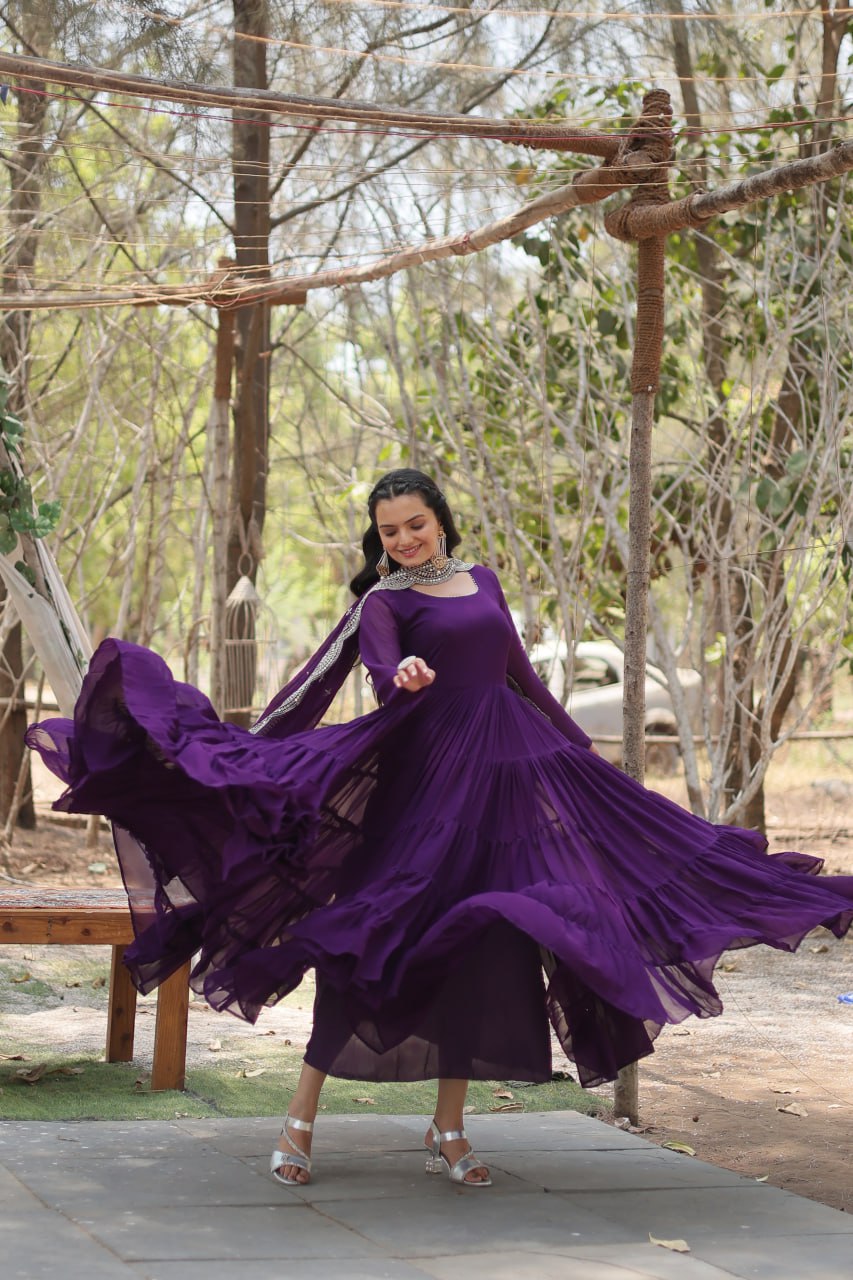 Evanik Purple Faux Blooming Gown With Dupatta With Rich Sequins Embroidered work | Grocsy