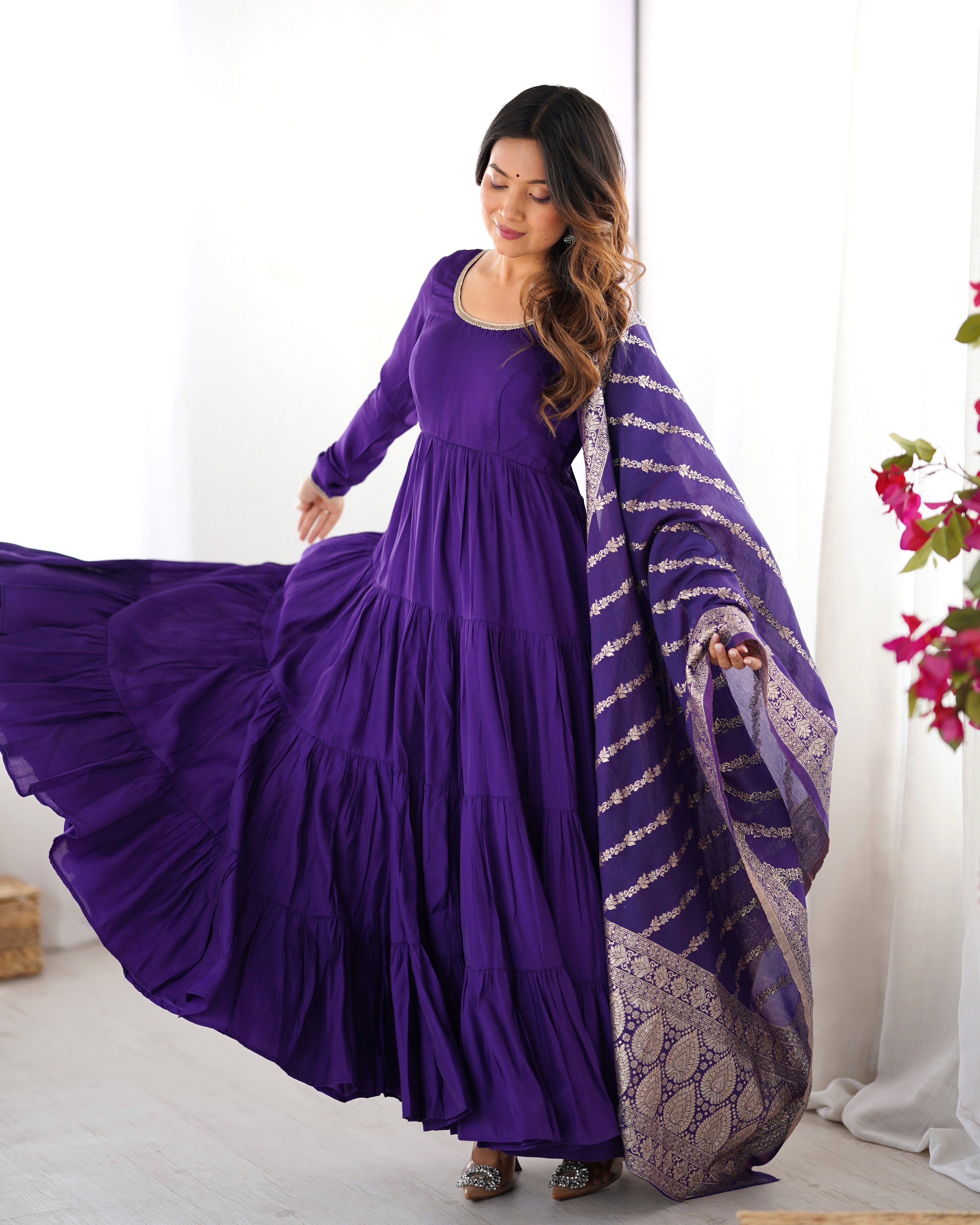 Lorenvalley Women Pure Roman silk Chanderi Fabric Layer Gathering Anarkali Kurta Pant With Dupatta Set | Grocsy
