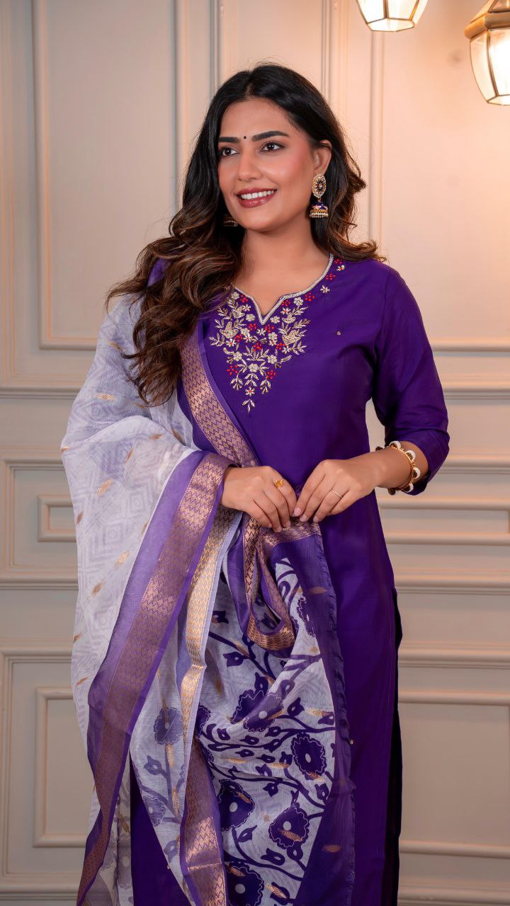 Lorenvalley Fashion Purple Roman Silk Hand Work Kurta Pant with Dupatta | Grocsy
