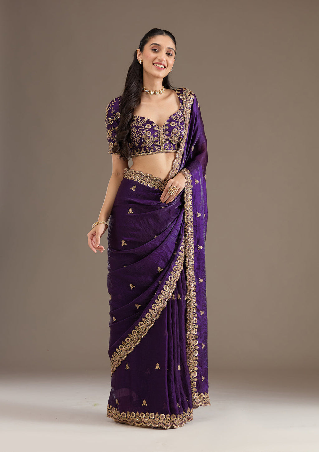 Lorenvalley Fashion Purple Fendi Satin with Embroidery Double Sequence Work Saree with Blouse | Grocsy