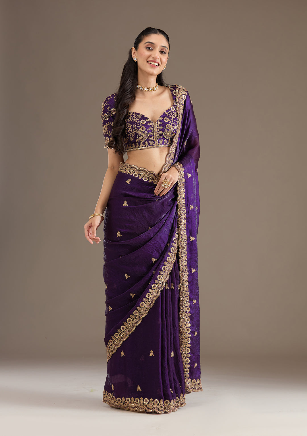 Lorenvalley Fashion Purple Fendi Satin with Embroidery Double Sequence Work Saree with Blouse | Grocsy