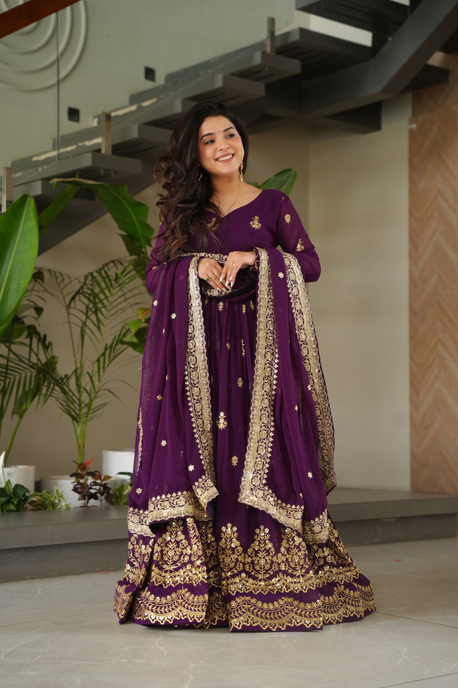 Lorenvalley Fashion Purple Faux Georgette with Zari & Sequins Embroidered Work Anarkali Gown with Dupatta | Grocsy