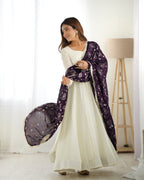 Lorenvalley White Vichitra Silk Fabric Fully Flared Anarkali Pant With Dupatta Set | Grocsy