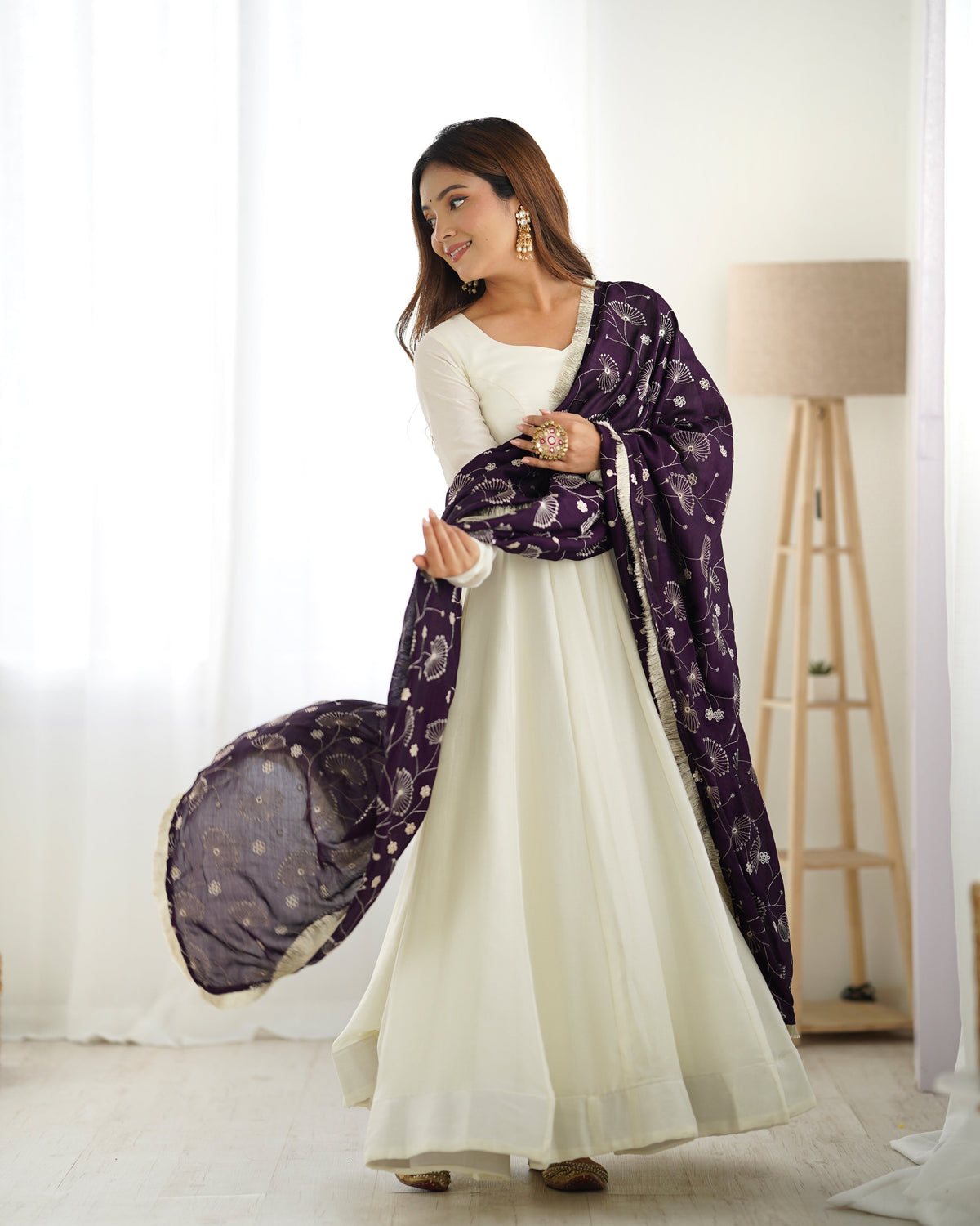 Lorenvalley White Vichitra Silk Fabric Fully Flared Anarkali Pant With Dupatta Set | Grocsy