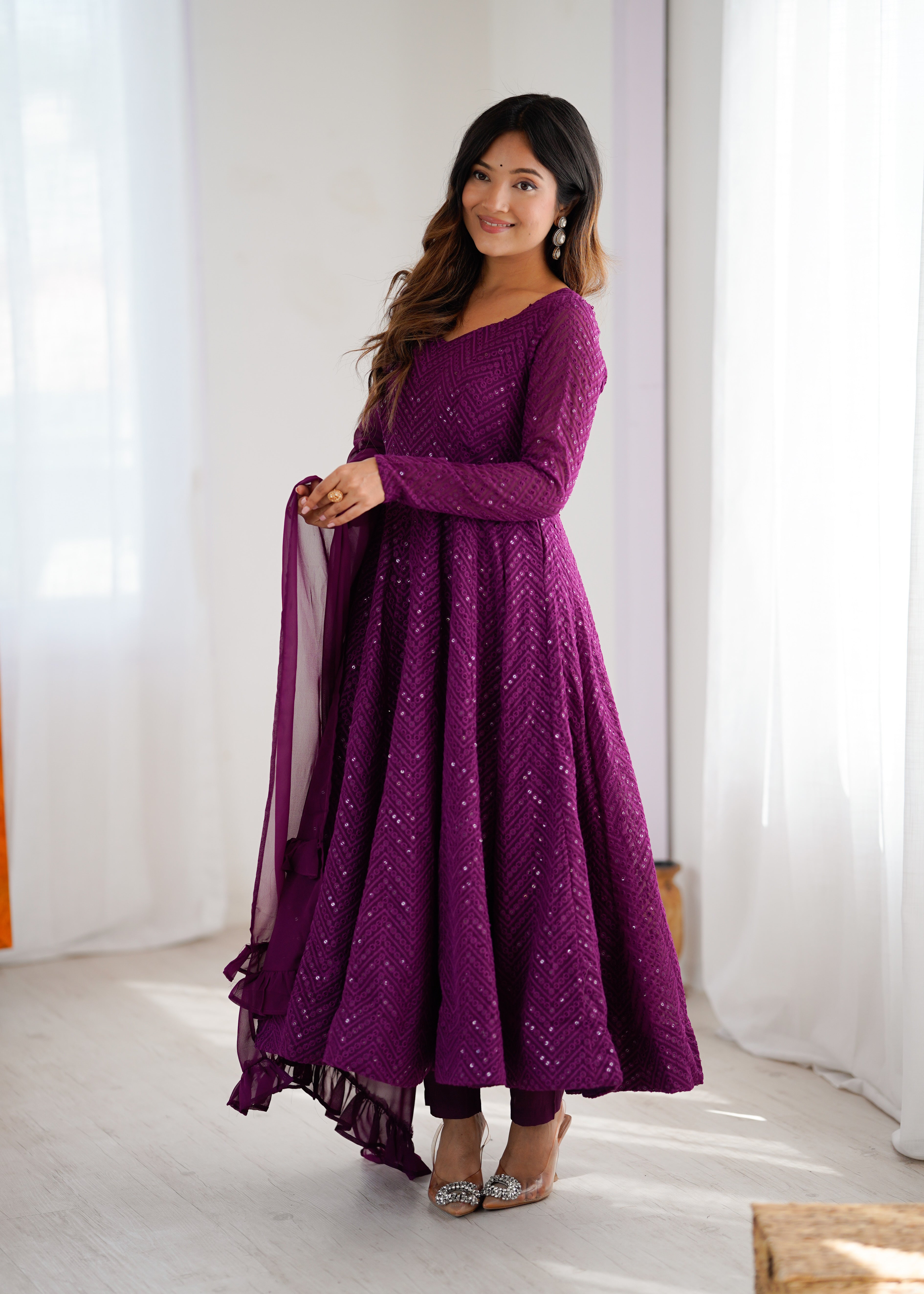 Lorenvalley Purple Faux Georgette Lukhnowi Sequence Work Anarkali Kurta Pant With Dupatta Set | Grocsy