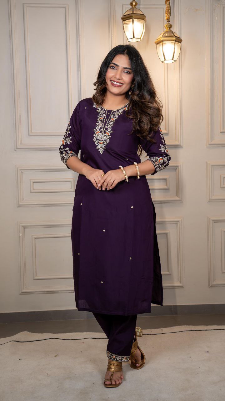 Lorenvalley Fashion Purple Roman Silk Embroidery Multi Work Kurta Pant with Dupatta | Grocsy