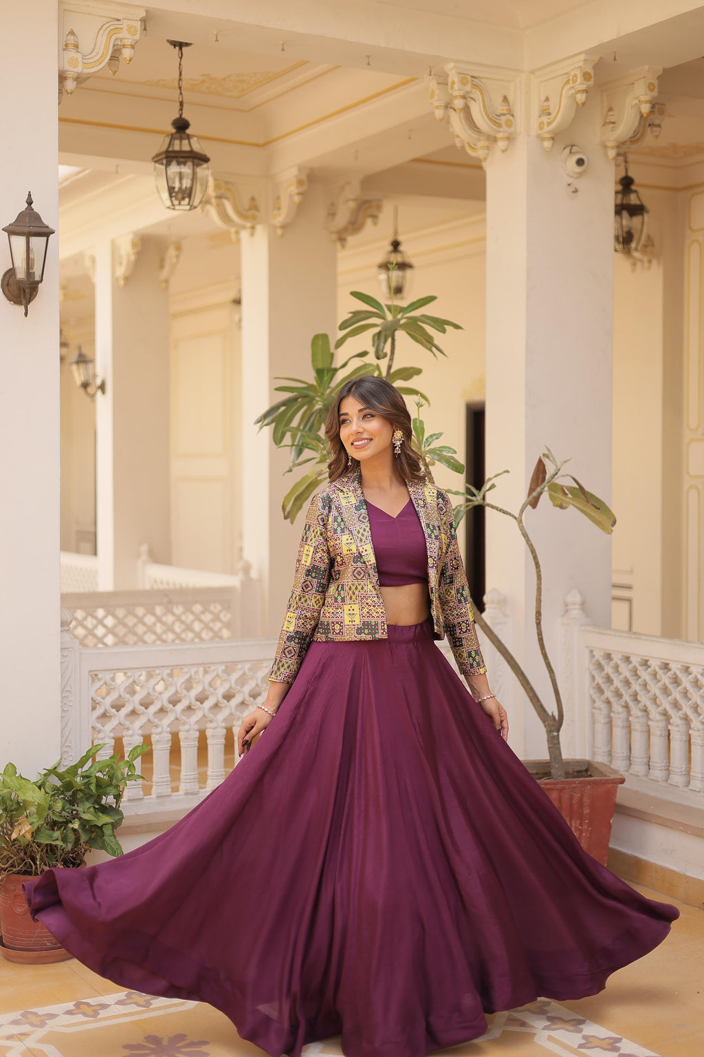 Lorenvalley Purple Premium Chinnon Lehenga Choli with Jacquard Woven Design Koti | Grocsy
