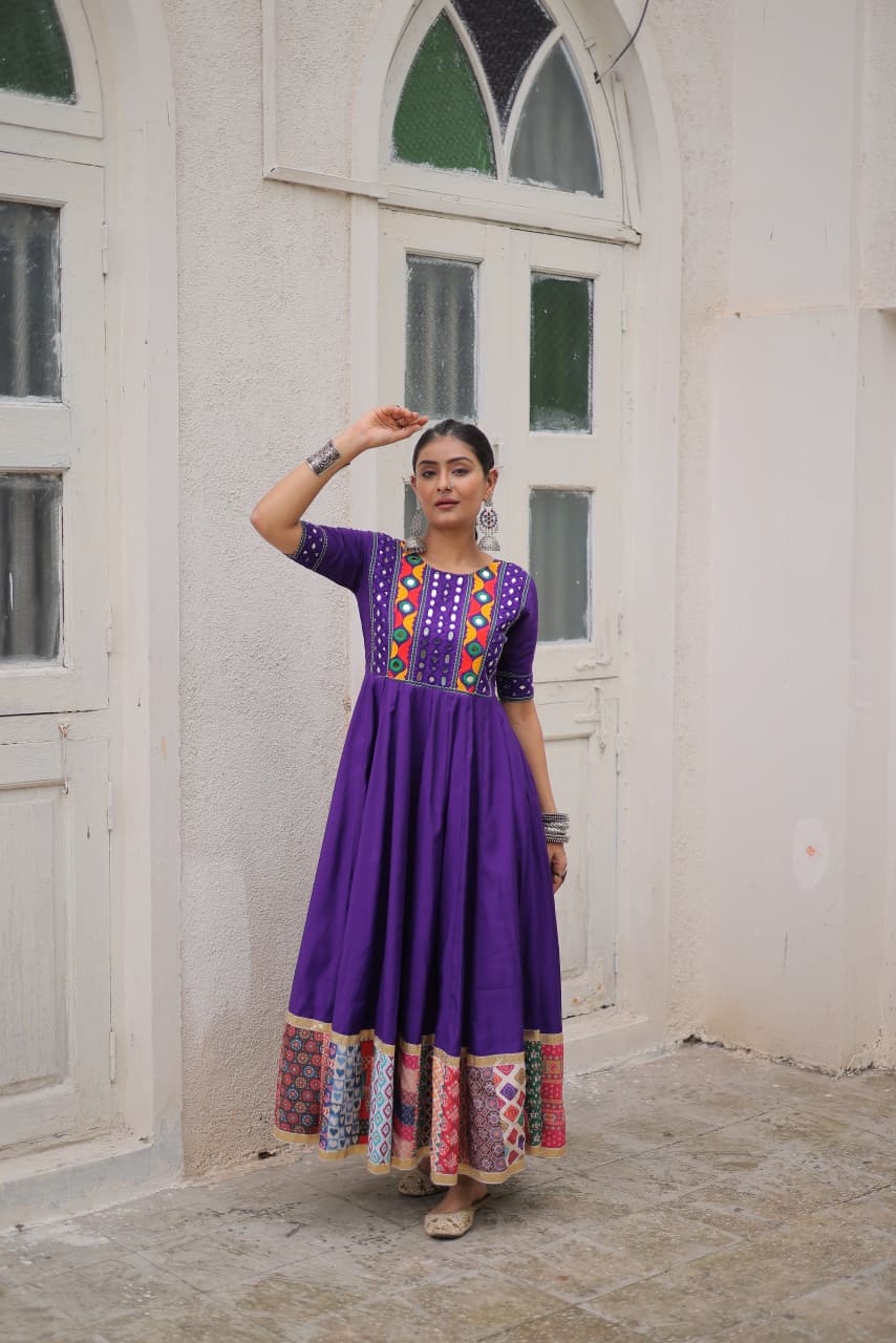 Lorenvalley Fashion Purple Roman Silk with Thread with mirror work & Maslin Crochet Print Work Gown | Grocsy