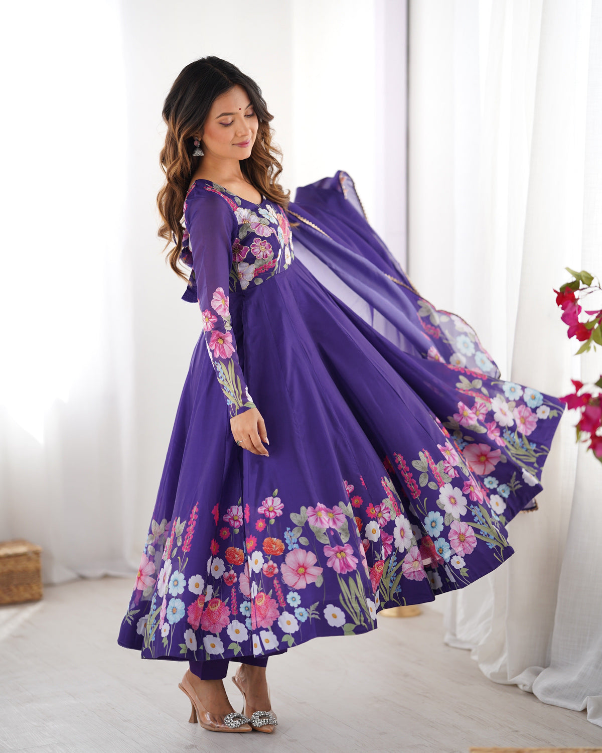 Lorenvalley Purple Soft Organza Silk With Floral Print Fully Flared Anarkali Pant With Dupatta Set | Grocsy