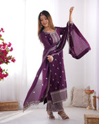 Lorenvalley Purple Chinon Silk Embroidery Sequence and Jari Work Kurta Trousers with Dupatta Set | Grocsy