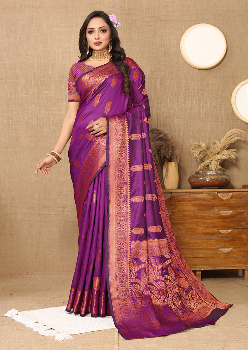 Lorenvalley Fashion Purple Soft Katan Silk Woven Design Copper Zari Weaving Saree | Grocsy