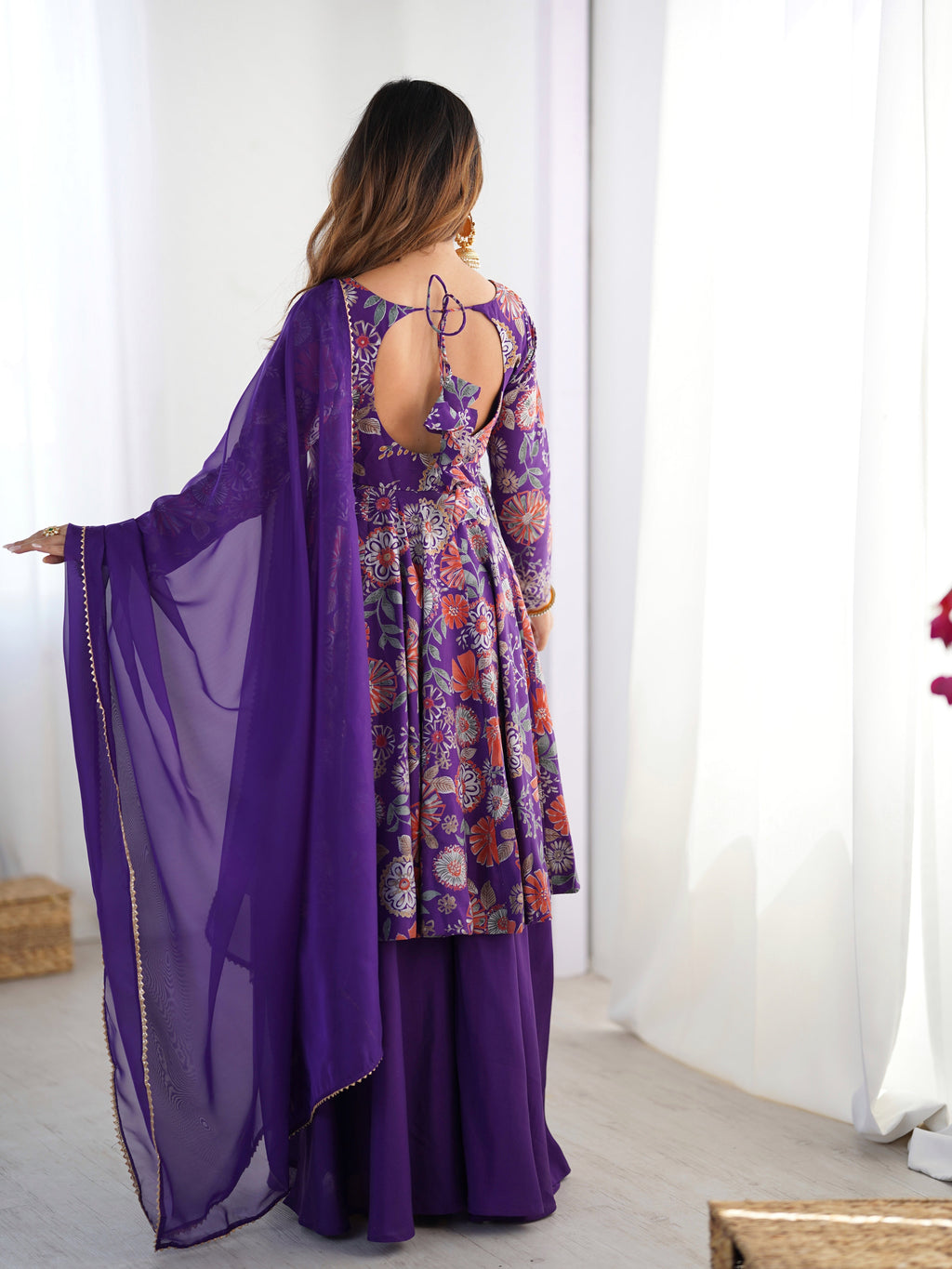 Lorenvalley Women Pure Soft Roman silk Chanderi Discharge Print Fabric Kediya Kurta Palazzo with Dupatta Set | Grocsy