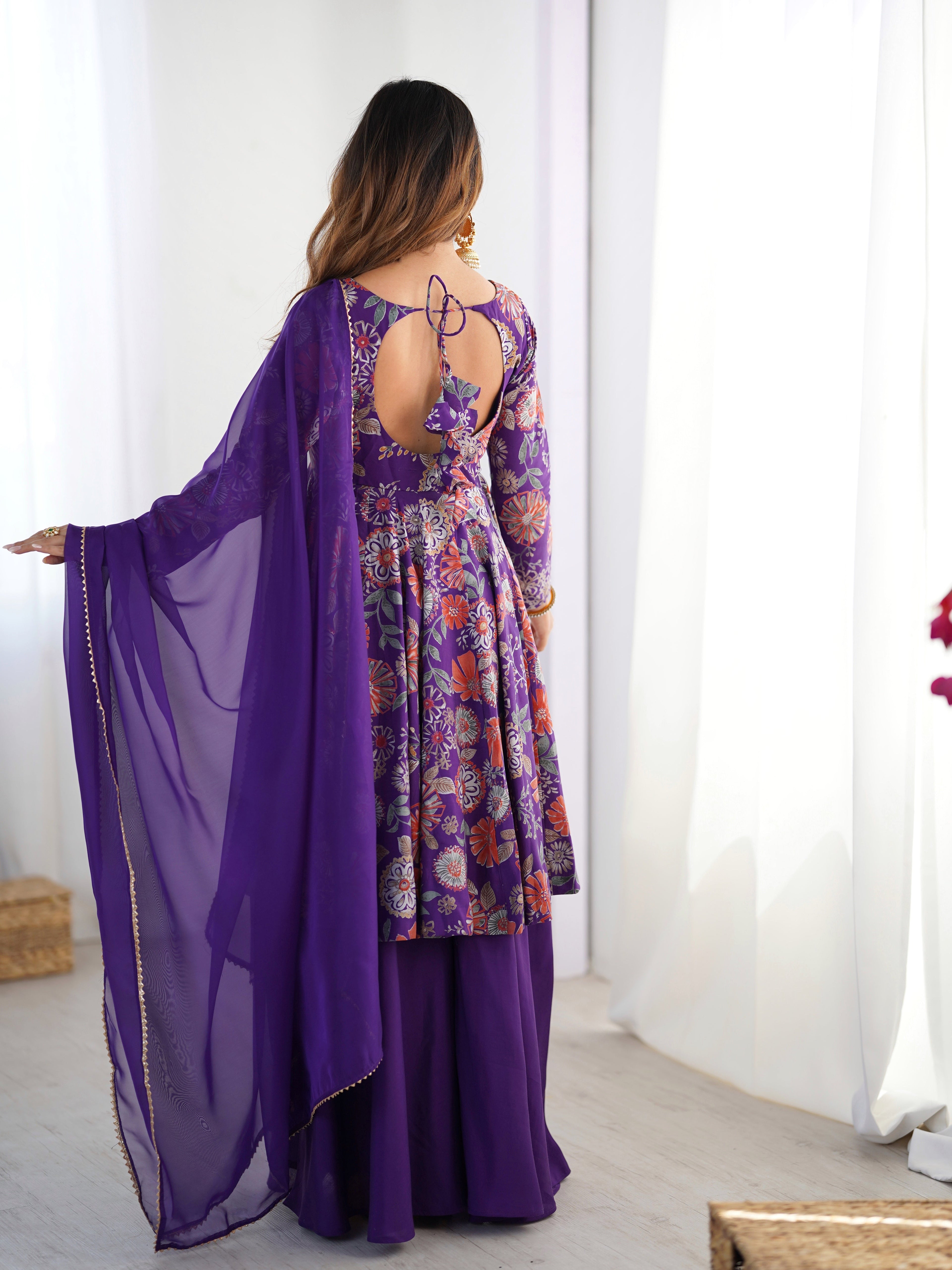 Lorenvalley Women Pure Soft Roman silk Chanderi Discharge Print Fabric Kediya Kurta Palazzo with Dupatta Set | Grocsy