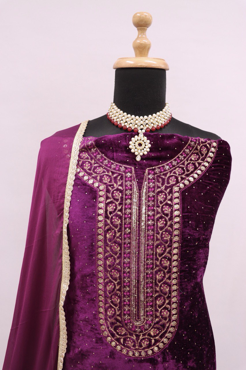 Lorenvalley Fashion Women Purple Velvet Embroidered Salwar Suit Material | Grocsy