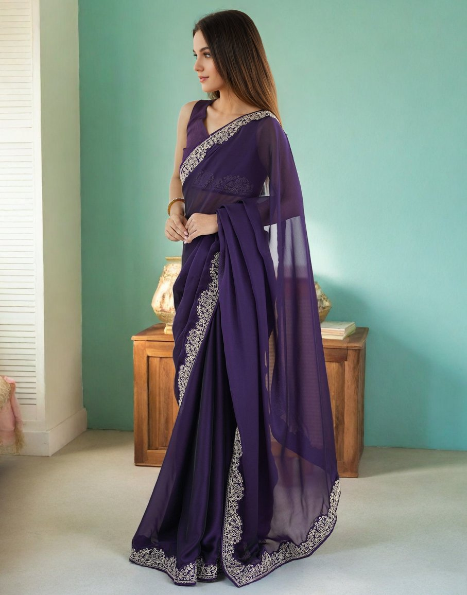 Lorenvalley Fashion Purple Rangoli Silk with Coding Lace Work Saree with Blouse | Grocsy