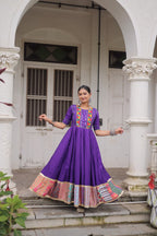 Lorenvalley Fashion Purple Roman Silk with Thread with mirror work & Maslin Crochet Print Work Gown | Grocsy