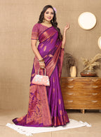 Lorenvalley Fashion Purple Soft Katan Silk Woven Design Copper Zari Weaving Saree | Grocsy