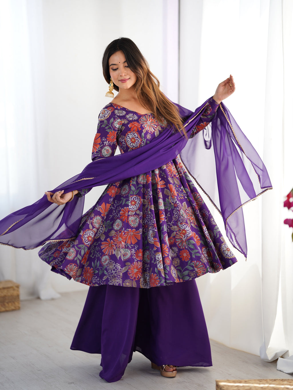 Lorenvalley Women Pure Soft Roman silk Chanderi Discharge Print Fabric Kediya Kurta Palazzo with Dupatta Set | Grocsy