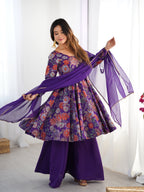 Lorenvalley Women Pure Soft Roman silk Chanderi Discharge Print Fabric Kediya Kurta Palazzo with Dupatta Set | Grocsy