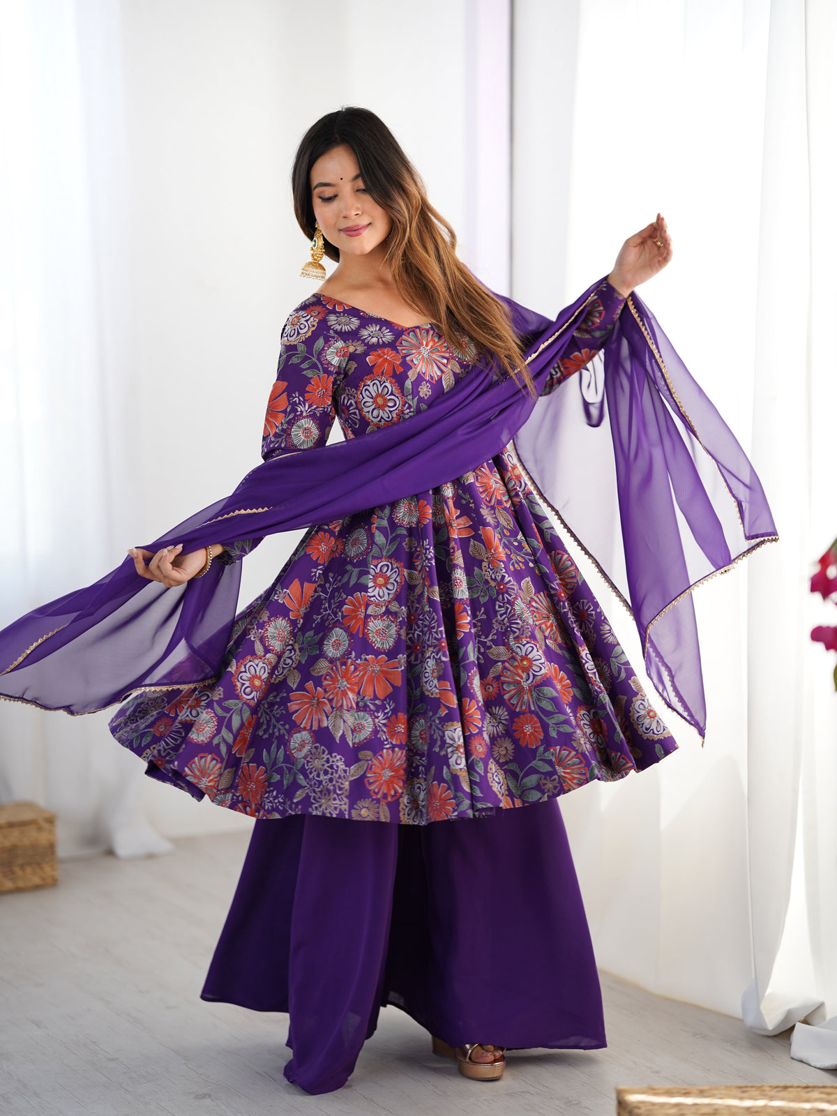 Lorenvalley Women Pure Soft Roman silk Chanderi Discharge Print Fabric Kediya Kurta Palazzo with Dupatta Set | Grocsy
