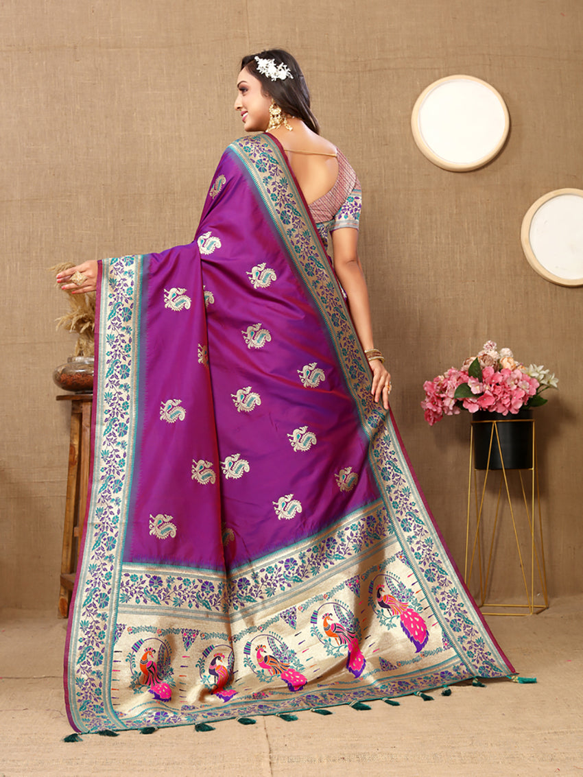 Lorenvalley Fashion Purple Soft Paithani Silk Woven Design Rich Meenakari Zari Weaving Pallu Saree | Grocsy