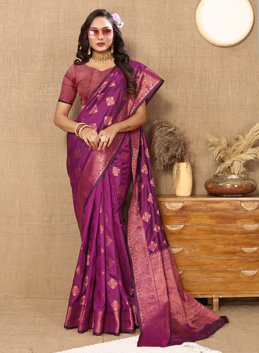 Lorenvalley Fashion Purple Soft Katan Silk Woven Design Copper Zari Weaving Saree | Grocsy