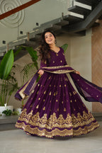 Lorenvalley Fashion Purple Faux Georgette with Zari & Sequins Embroidered Work Anarkali Gown with Dupatta | Grocsy