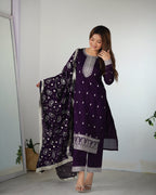 Lorenvalley Purple Rangoli Silk Embroidery Sequence and Jari Work Kurta Trousers with Dupatta Set | Grocsy