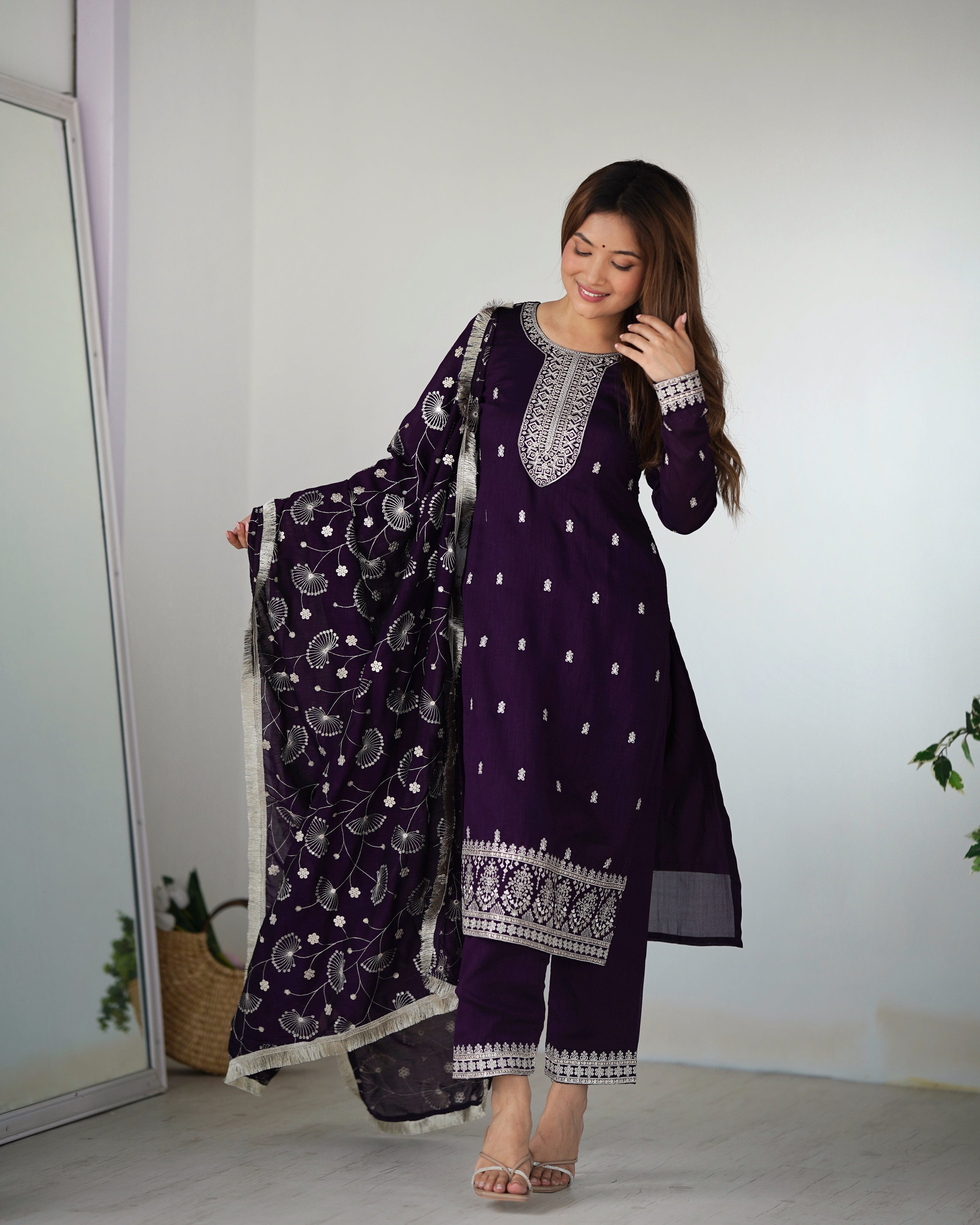 Lorenvalley Purple Rangoli Silk Embroidery Sequence and Jari Work Kurta Trousers with Dupatta Set | Grocsy