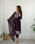 Lorenvalley Wine Rangoli Silk Embroidery Sequence And Thread Work Kurta Trousers with Dupatta Set | Grocsy