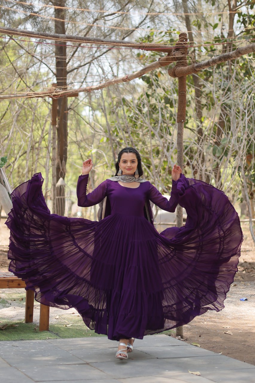 Evanik Purple Faux Blooming Gown With Dupatta With Rich Sequins Embroidered work | Grocsy