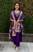 Lorenvalley Fashion Purple Roman Silk Hand Work Kurta Pant with Dupatta | Grocsy
