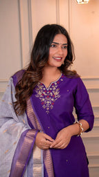 Lorenvalley Fashion Purple Roman Silk Hand Work Kurta Pant with Dupatta | Grocsy