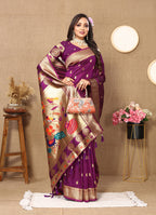 Lorenvalley Fashion Purple Soft Paithani Silk Woven Design Rich Zari Meenakari Weaving Saree | Grocsy
