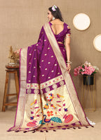 Lorenvalley Fashion Purple Soft Paithani Silk Woven Design Rich Zari Meenakari Weaving Saree | Grocsy