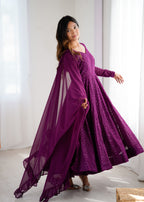 Lorenvalley Purple Faux Georgette Lukhnowi Sequence Work Anarkali Kurta Pant With Dupatta Set | Grocsy