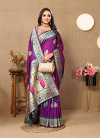 Lorenvalley Fashion Purple Soft Paithani Silk Woven Design Rich Meenakari Zari Weaving Pallu Saree | Grocsy
