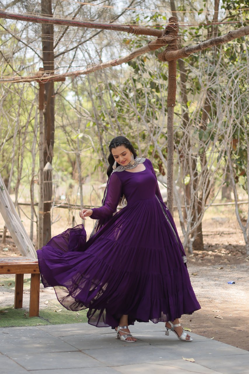 Evanik Purple Faux Blooming Gown With Dupatta With Rich Sequins Embroidered work | Grocsy