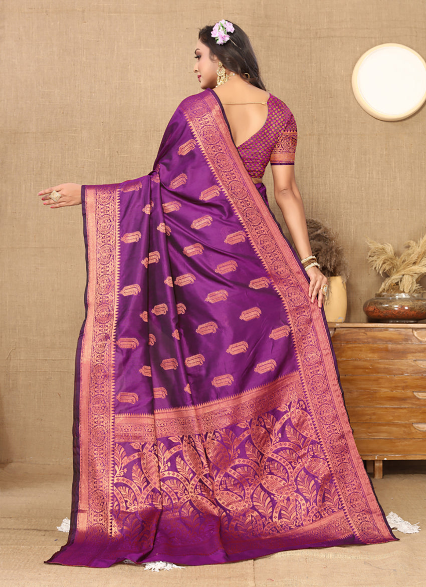 Lorenvalley Fashion Purple Soft Katan Silk Woven Design Copper Zari Weaving Saree | Grocsy