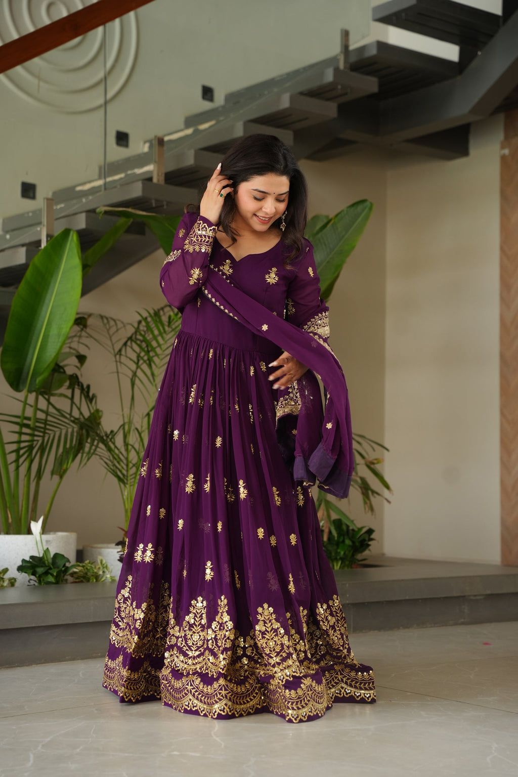 Lorenvalley Fashion Purple Faux Georgette with Zari & Sequins Embroidered Work Anarkali Gown with Dupatta | Grocsy