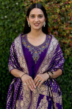 Lorenvalley Fashion Purple Roman Silk Hand Work Kurta Pant with Dupatta | Grocsy