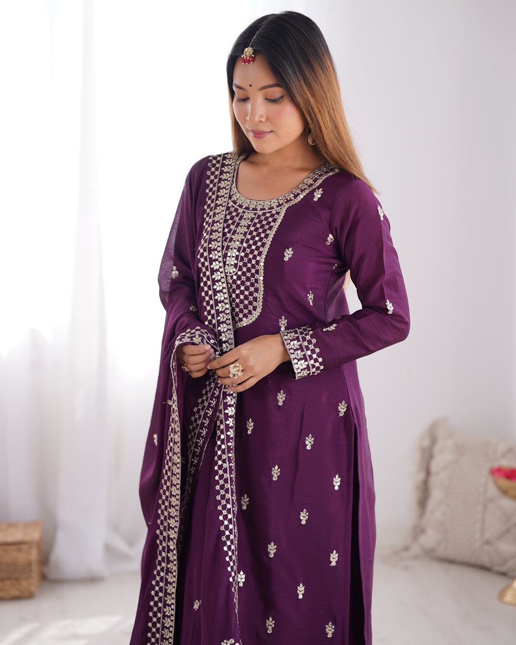 Lorenvalley Purple Chinon Silk Embroidery Sequence and Jari Work Kurta Trousers with Dupatta Set | Grocsy