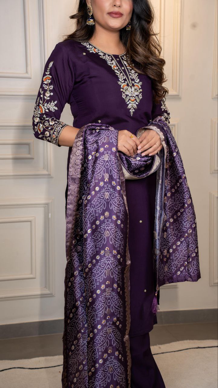 Lorenvalley Fashion Purple Roman Silk Embroidery Multi Work Kurta Pant with Dupatta | Grocsy