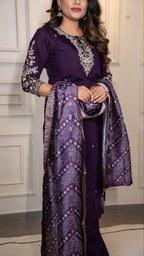 Lorenvalley Fashion Purple Roman Silk Embroidery Multi Work Kurta Pant with Dupatta | Grocsy