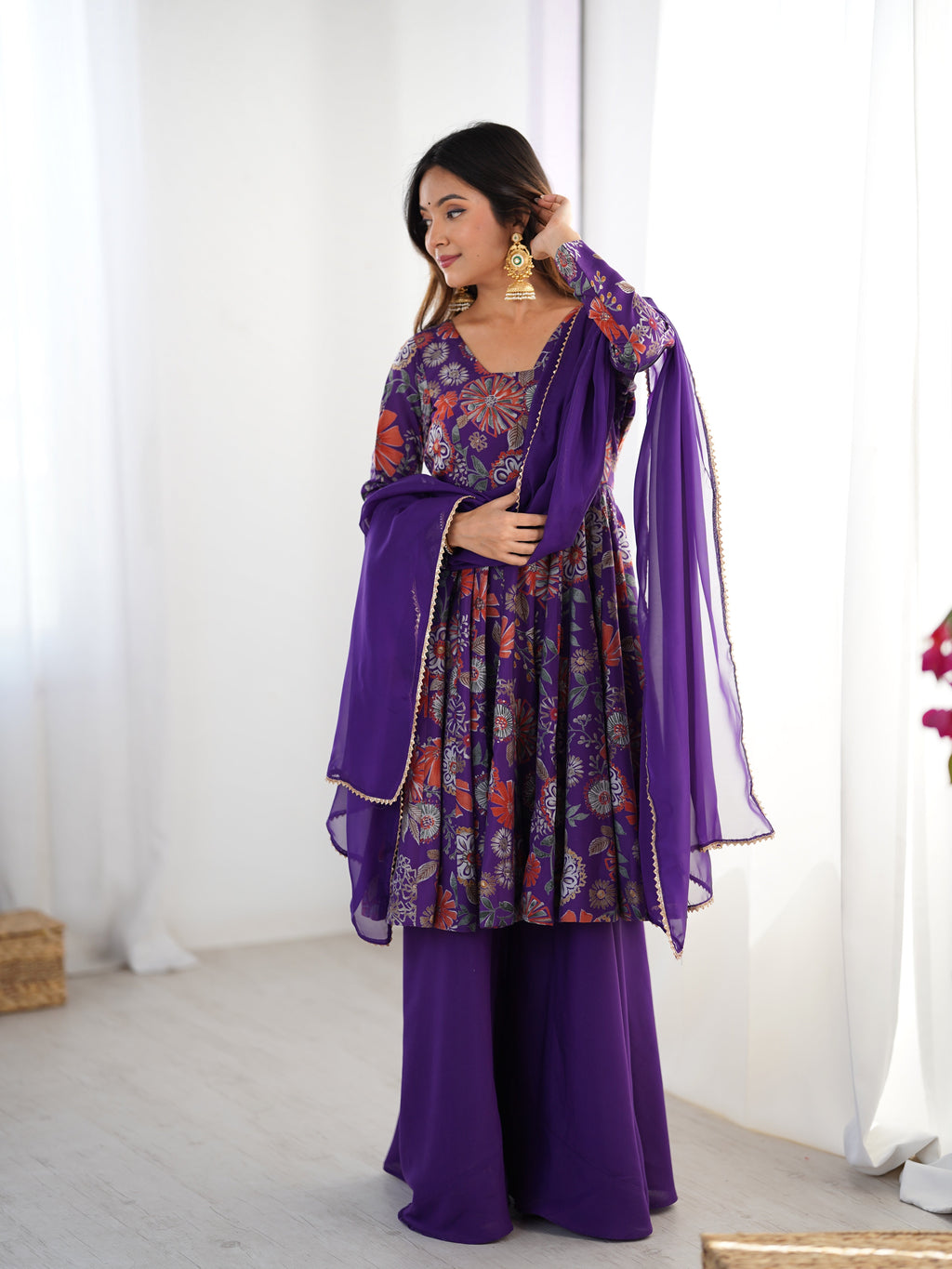 Lorenvalley Women Pure Soft Roman silk Chanderi Discharge Print Fabric Kediya Kurta Palazzo with Dupatta Set | Grocsy
